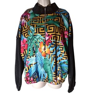 Graphic Print Pull Over Zip Up Collared Jacket W/ Mesh See-Through Back